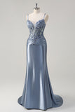 Sparkly Grey Blue Mermaid Spaghetti Straps Corset Appliqued Long Formal Dress with Slit