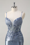 Sparkly Grey Blue Mermaid Spaghetti Straps Corset Appliqued Long Formal Dress with Slit