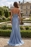 Grey Blue Mermaid Spaghetti Straps Corset Long Plus Size Prom Dress with Appliques