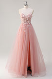 Sparkly Pink A-Line Strapless Flowers Corset Tulle Long Formal Dress with Slit