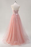 Sparkly Pink A-Line Strapless Flowers Corset Tulle Long Formal Dress with Slit