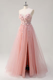 Sparkly Pink A-Line Strapless Flowers Corset Tulle Long Formal Dress with Slit