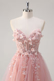 Sparkly Pink A-Line Strapless Flowers Corset Tulle Long Formal Dress with Slit