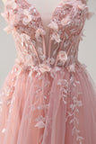 Sparkly Pink A-Line Strapless Flowers Corset Tulle Long Formal Dress with Slit