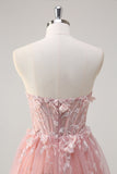 Sparkly Pink A-Line Strapless Flowers Corset Tulle Long Formal Dress with Slit