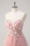 Sparkly Pink A-Line Strapless Flowers Corset Tulle Long Formal Dress with Slit