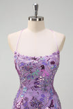 Sparkly Purple Mermaid Spaghetti Straps Sequin Prom Dress with Slit