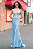 Sky Blue Off The Shoulder Mermaid Corset Floral Long Formal Dress with 3D Flowers