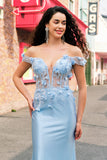 Sky Blue Off The Shoulder Mermaid Corset Floral Long Formal Dress with 3D Flowers