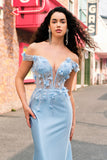 Sky Blue Off The Shoulder Mermaid Corset Floral Long Formal Dress with 3D Flowers