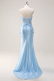Strapless Mermaid Sky Blue Satin Plus Size Long Prom Dress with 3D Flowers