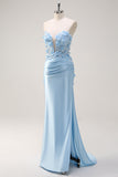 Sky Blue Mermaid Strapless Sequin Formal Dress With Appliques