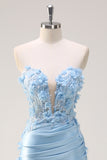 Sky Blue Mermaid Strapless Sequin Formal Dress With Appliques