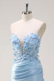 Sky Blue Mermaid Strapless Sequin Formal Dress With Appliques