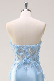 Sky Blue Mermaid Strapless Sequin Formal Dress With Appliques