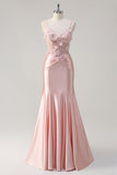 Sparkly Pink Mermaid Spaghetti Straps Corset Flowers Satin Long Formal Dress