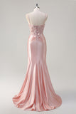 Sparkly Pink Mermaid Spaghetti Straps Corset Flowers Satin Long Formal Dress