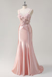 Sparkly Pink Mermaid Spaghetti Straps Corset Flowers Satin Long Formal Dress