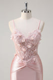 Sparkly Pink Mermaid Spaghetti Straps Corset Flowers Satin Long Formal Dress