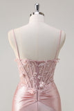 Sparkly Pink Mermaid Spaghetti Straps Corset Flowers Satin Long Formal Dress