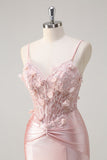 Sparkly Pink Mermaid Spaghetti Straps Corset Flowers Satin Long Formal Dress