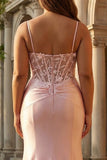 Pink Mermaid Sheer Boned Corset Spaghetti Straps Corset Satin Long Plus Size Prom Dress