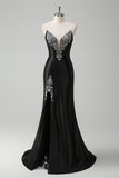 Black Mermaid V Neck Strapless Long Formal Dress with Beading