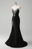 Black Mermaid V Neck Strapless Long Formal Dress with Beading