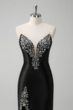 Black Mermaid V Neck Strapless Long Formal Dress with Beading