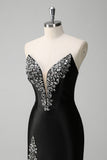 Black Mermaid V Neck Strapless Long Formal Dress with Beading