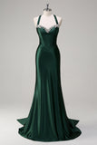 Sparkly Dark Green Mermaid Halter Corset Sequin Formal Dress