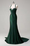 Sparkly Dark Green Mermaid Halter Corset Sequin Formal Dress