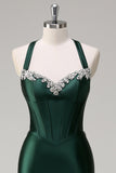 Sparkly Dark Green Mermaid Halter Corset Sequin Formal Dress