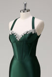 Sparkly Dark Green Mermaid Halter Corset Sequin Formal Dress