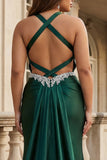 Dark Green Halter Mermaid Corset Satin Plus Size Prom Dress with Open Back