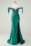 Dark Green Mermaid Off The Shoulder Sequin Formal Dress with Slit