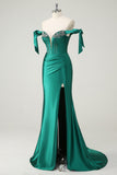 Dark Green Mermaid Off The Shoulder Sequin Formal Dress with Slit