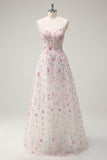 Stylish Pink A Line Spaghetti Straps Floral Beaded Formal Dress with Lace Up Back