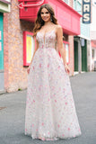 Stylish Pink A Line Spaghetti Straps Floral Beaded Formal Dress with Lace Up Back