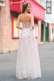 Stylish Pink A Line Spaghetti Straps Floral Beaded Formal Dress with Lace Up Back