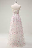 Stylish Pink A Line Spaghetti Straps Floral Beaded Formal Dress with Lace Up Back