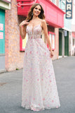 Stylish Pink A Line Spaghetti Straps Floral Beaded Formal Dress with Lace Up Back