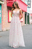 Stylish Pink A Line Spaghetti Straps Floral Beaded Formal Dress with Lace Up Back