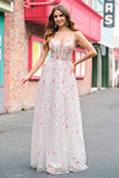 Stylish Pink A Line Spaghetti Straps Floral Beaded Formal Dress with Lace Up Back