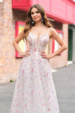 Stylish Pink A Line Spaghetti Straps Floral Beaded Formal Dress with Lace Up Back