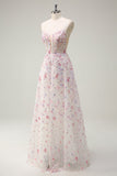 Pink A Line Spaghetti Straps Floral Beaded Formal Dress