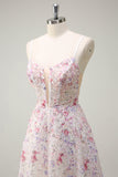 Pink A Line Spaghetti Straps Floral Beaded Formal Dress