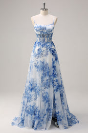 White Blue Flower Spaghetti Straps Ruched Corset Long Formal Dress With Slit