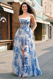 White Blue Flower A-Line Spaghetti Straps Ruched Corset Long Formal Dress With Slit