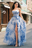 White Blue Flower A-Line Spaghetti Straps Ruched Corset Long Formal Dress With Slit